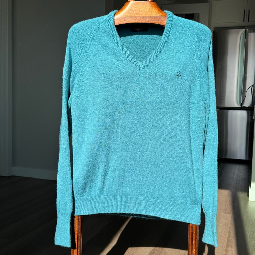 VTG Christian Dior Monsieur V Neck Sweater Men’s M Aqua Blue Made USA Logo Knit